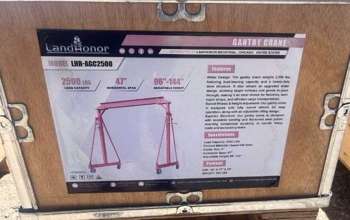 lot 3118 image: Unused LandHonor Gantry Crane  LHR-AGC2500 2500lbs Portable rolling design with adjustable height and heavy-duty steel frame for warehouse, shop, and construction applications.