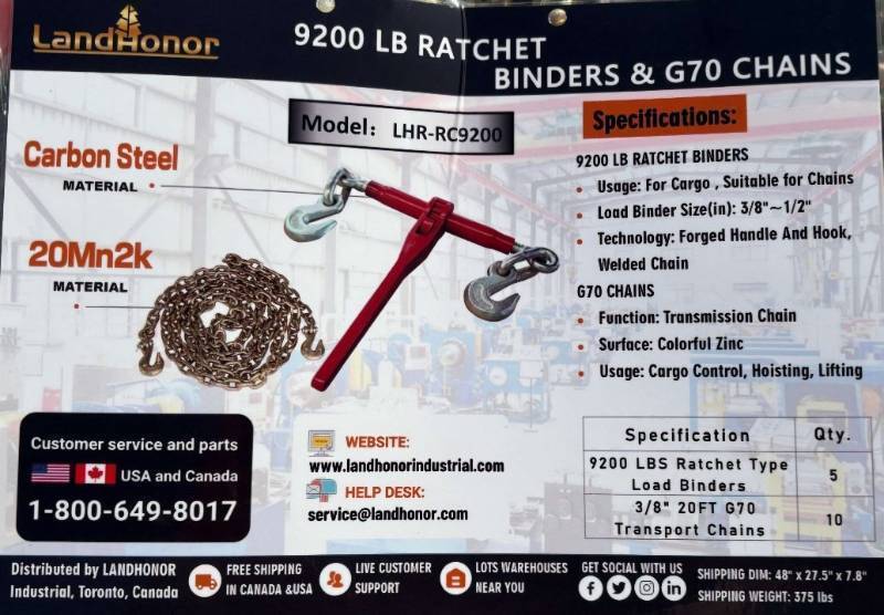 lot 3142 image: UNUSED LandHonor LHR-RC9200 9200lb Ratchet Binders & G70 Chains
