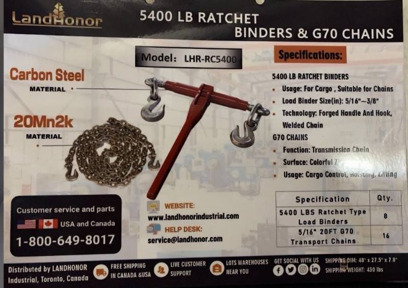 lot 3145 image: UNUSED LandHonor LHR-RC5400 5400lb Ratchet Binders & G70 Chains