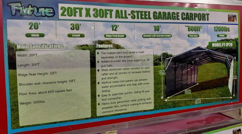 lot 8275 image: Unused in Crate - Captok 20ftx30ft All-Steel Garage Carport CK-ZP20