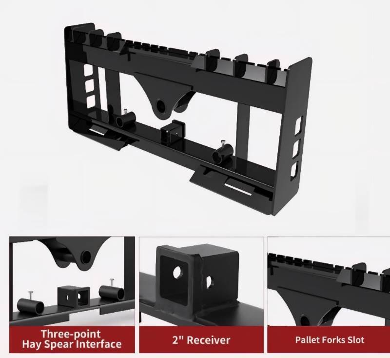 lot 3237 image: Unused LandHonor LHR-PFF45 Pallet Fork Frame Skid Steer Attachment w Receiver Hitch & Hay Spear Sleeves - 45 Skid Steer Pallet Fork Frame with 2 Hitch Receiver - Spear Sleeves for Loaders Tractors - Quick Tach Mount