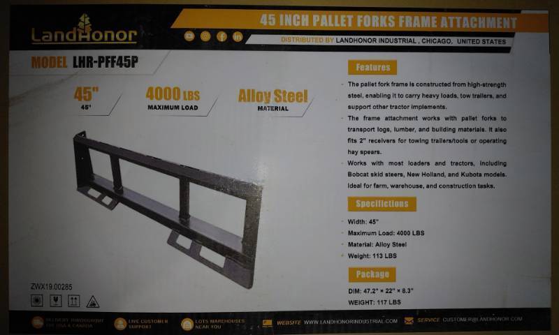 lot 3265 image: Unused LandHonor 45in Quick Attach Pallet Fork Frame Attachment LHR-PFF45P