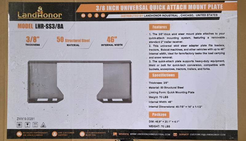 lot 3279B image: Unused LandHonor 38 Inch Universal Quick Attach Mount Plate Model LHR-SS38A - 50 Structural Steel - 70lbs