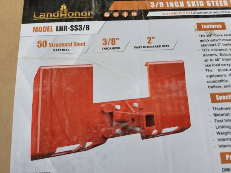lot 3282 image: Unused LandHonor 38 Skid Steer Mount Plate  LHR-SS38 with 2 Hitch Receiver for Trailers