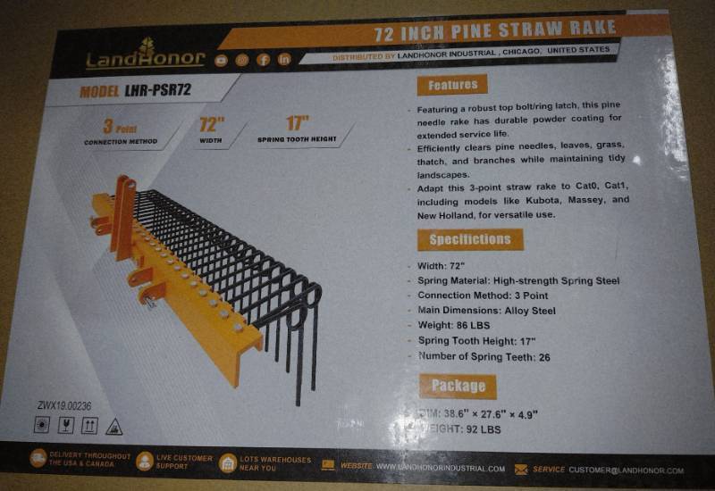 lot 3215 image: Unused LandHonor 72in Pine StrawStick Rake LHR-PSR72 - 3-Point Connect - 17in Spring Tooth Height