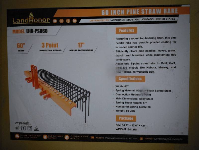 lot 3220 image: Unused LandHonor 60in Pine StrawStick Rake LHR-PSR60 - 3-Point Connect - 17in Spring Tooth Height