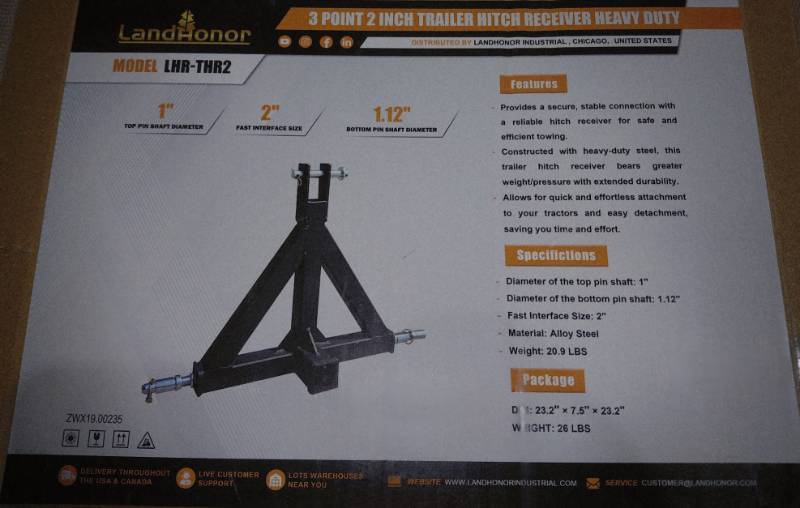 lot 3286 image: Unused LandHonor 3-Point Heavy Duty 2in Trailer Hitch Receiver LHR-THR2