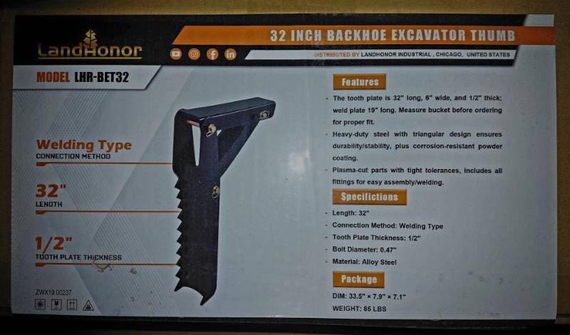 lot 3290 image: Unused Landhonor 32 Backhoe Excavator Thumb  LHR-BET32