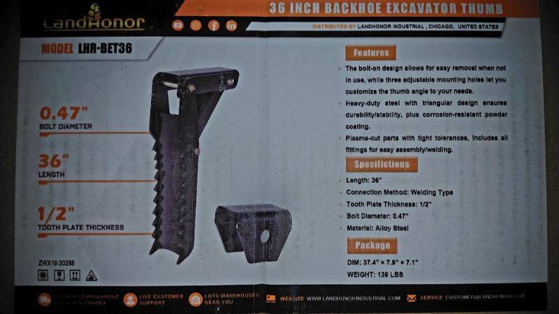 lot 3296 image: Unused Landhonor 36 Backhoe Excavator Thumb  LHR-BET36