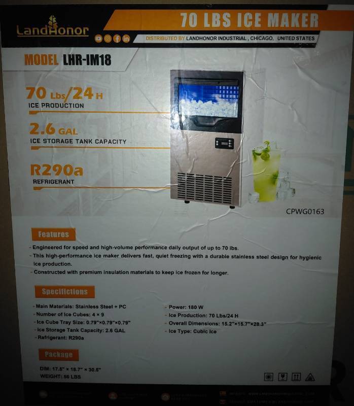 lot 3346 image: Unused LandHonor Commercial-Style 70lb Ice Maker  LHR-IM18 - Produces Clear Cubic Ice for Home, Office, Bar or Light Commercial Use. Efficient Ice Production for Consistent Performance.