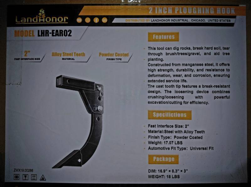 lot 3407 image: Unused LandHonor Plowing (Ploughing) Hook LHR-EAR02 - Powder Coated Steel w Alloy Tooth 17.07lbs - 2 Square Interface to Connect to Standard Hitches