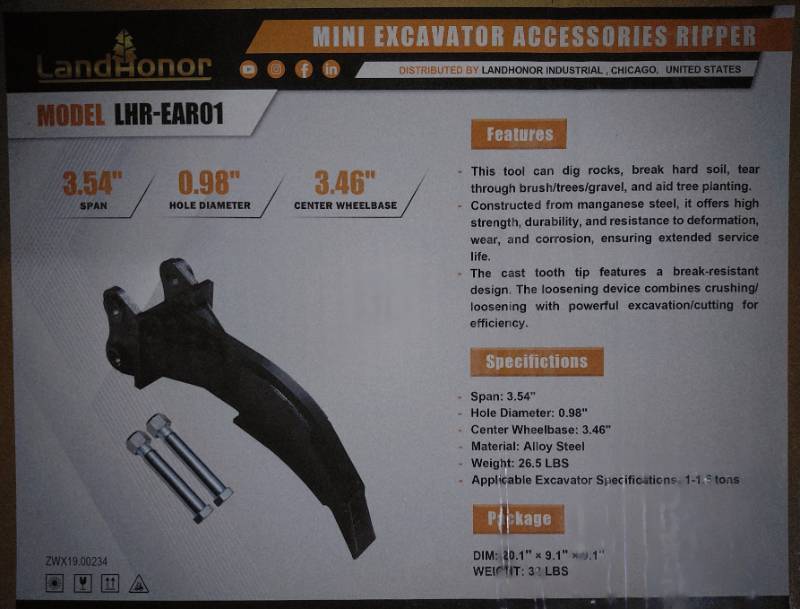 lot 3412 image: Unused LandHonor Mini Excavator Ripper Attachment  LHR-EAR01