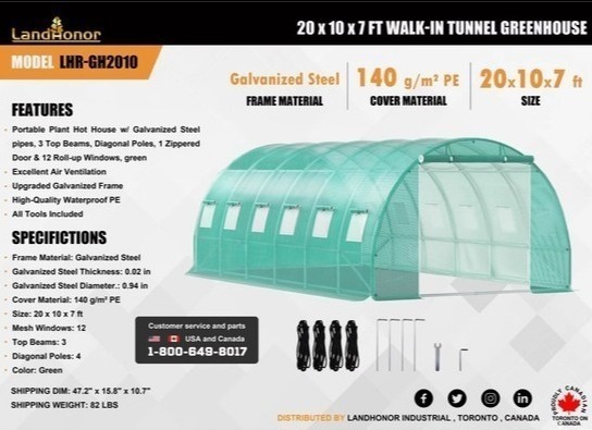 lot 3181 image: Unused LandHonor 20 x 10 x 7 Walk-In Tunnel Greenhouse  LHR-GH2010