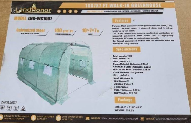 lot 3193 image: Unused LandHonor 10 x 7 x 7 Walk-In Greenhouse  LHR-HSTG02