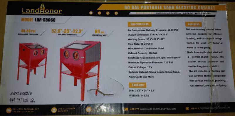 lot 3302 image: Unused LandHonor 60-Gal Portable Sand Blasting Cabinet  SBC220
