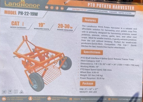 lot 3067 image: Unused LandHonor PTO Potato Harvester PH-22-19W - Gently Harvests Root Crops (Potatos, Beets, Onions Etc.) Leaves Root Crops on Top of The Ground for Easy Gathering