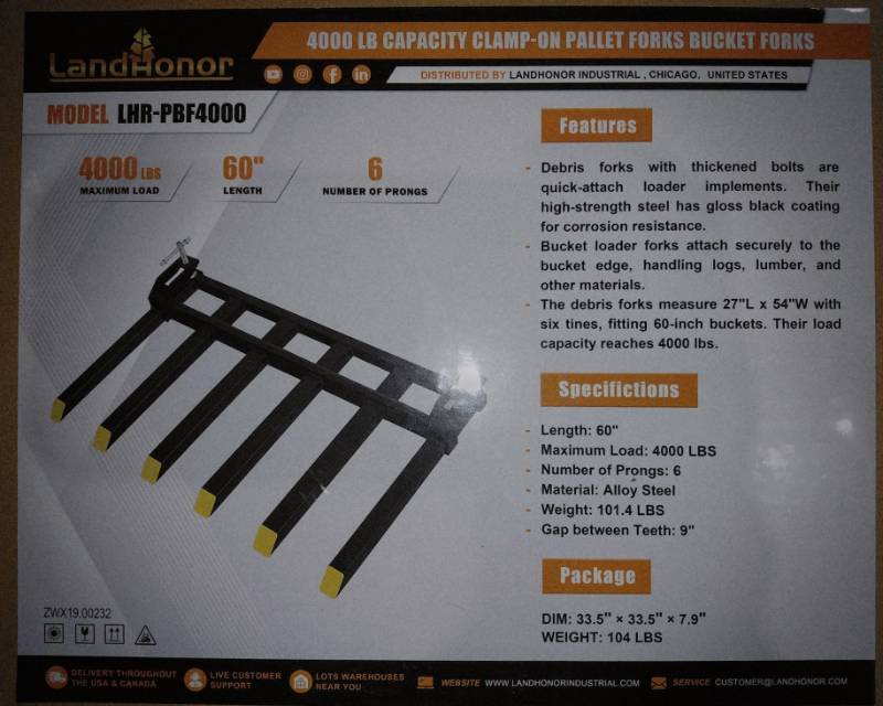 lot 3256 image: Unused LandHonor 4000lb Clamp On Pallet Debris Bucket Forks LHR-PBF4000 - 6 Tine