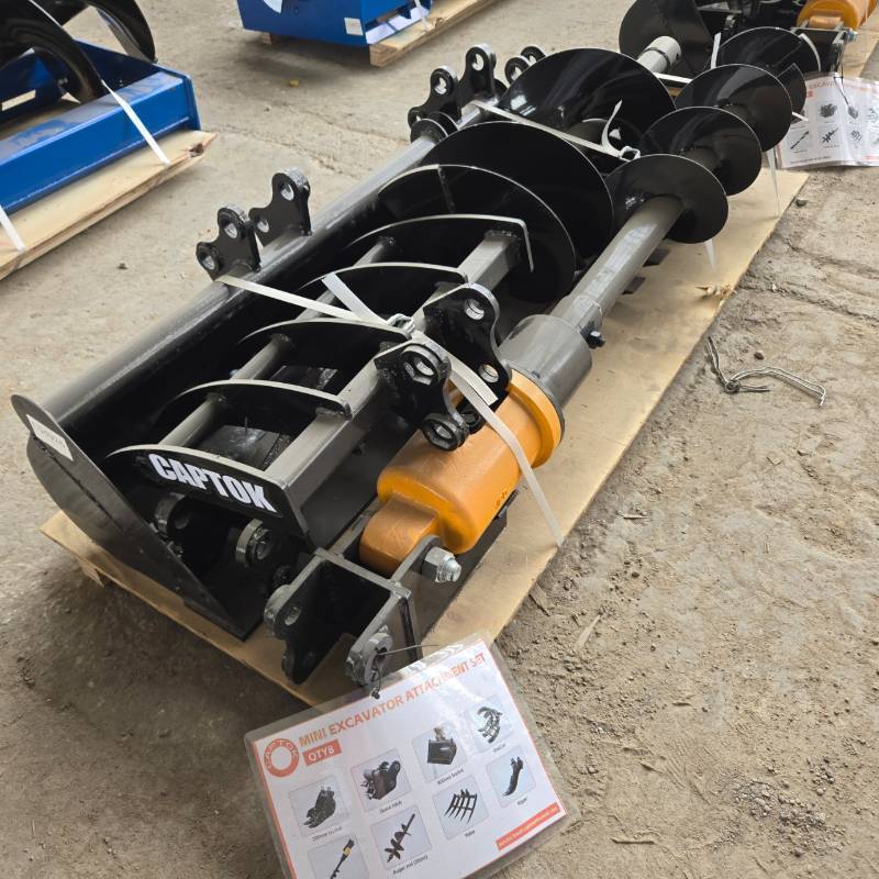 lot 8562 image: Unused Captok Mini Excavator Hydraulic 8-Piece Attachment Set - Rake - Ripper - Grabber - Auger - 12-inch Auger Rod - 16-inch Auger Rod - 8-inch Narrow Bucket - 24-inch Bucket - 32-inch Bucket