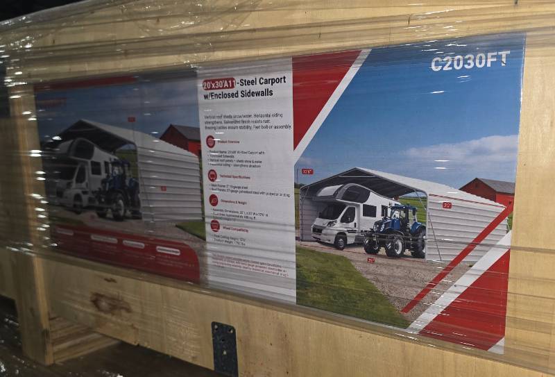 lot 5139 image: SDLANCH High End All Steel Carport w Enclosed Sidewalls 20 x 30  SDLC2030FT - Please See Pics for Damage During Shipping