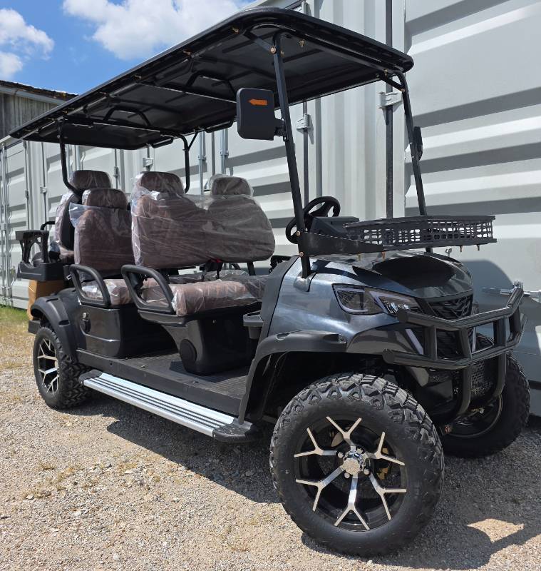 lot 1009 image: Extremely Nice Unused 6-Person HQ100 Golf Cart 5000W 60V-50 Mile Range-6 Luxury Seats w Headrests-DOT Seat Belts-DOT Acrylic Foldable Windshield-Headlights-Tail Lights-Turn Signals-Rear View Mirror-Horn-Rear Camera-LSUV Legal.