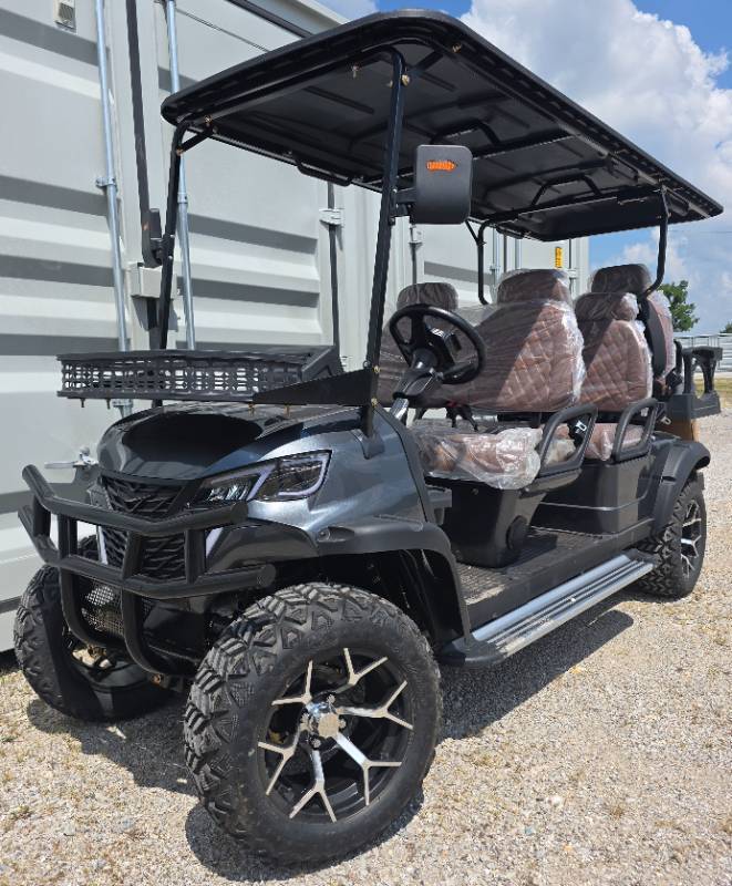 lot 1010 image: Extremely Nice Unused 6-Person HQ100 Golf Cart 5000W 60V-50 Mile Range-6 Luxury Seats w Headrests-DOT Seat Belts-DOT Acrylic Foldable Windshield-Headlights-Tail Lights-Turn Signals-Rear View Mirror-Horn-Rear Camera-LSUV Legal.