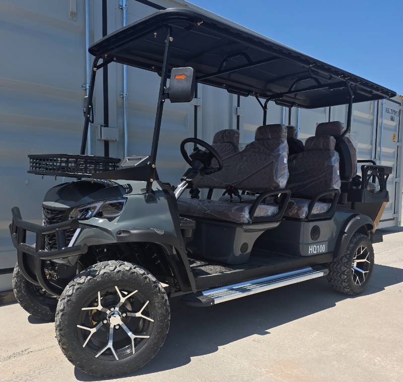 lot 1009 image: Extremely Nice Unused 6-Person HQ100 Golf Cart 5000W 60V-50 Mile Range-6 Luxury Seats w Headrests-DOT Seat Belts-DOT Acrylic Foldable Windshield-Headlights-Tail Lights-Turn Signals-Rear View Mirror-Horn-Rear Camera-LSUV Legal.