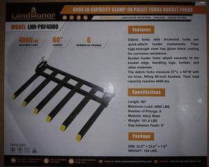 lot 3258 image: Unused LandHonor 4000lb Clamp On Pallet Debris Bucket Forks LHR-PBF4000 - 6 Tine
