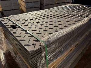 lot 2980 image: Set of 15 - Unused Heavy Duty 42in X 8ft X .5in Black Ground Protection Mats - High Density Polyethylene Diamond Plated Top, Smooth Plate Underneath Tread Design