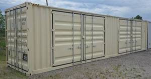 lot 1035A image: One Way Trip 40 Long Tall High Cube Container with Double Rear & Two (2) Side Double Doors - Used One Time To Ship To Mother Road Auctions & Sales -  Side Dings & Dents from Shipping & Handling See Pics for More Info.