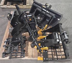 lot 1600 image: Unused Twelve (12) Piece Mini Excavator Attachment Super Set Buckets - Augers - Quick Change - Rake - Ripper - GrabberGrapple