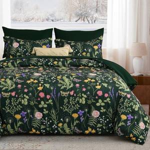 lot 111683 image: Yiran Queen Comforter Set 7 Piece, Dark Green Floral Bedding Set, Bed in a Bag Queen with Botanical Flowers Patterns, Soft Lightweight Complete Comforters with Sheets for All Season
