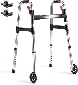 lot 111685 image: Walkers for Seniors, One-Hand Folding, 8 Height Adjustments, Walkers with Wheels, 2 Skis and 5 Wheels, Lightweight Walker for Seniors, Standard Walkers for Seniors, Aluminum Frame, Silver