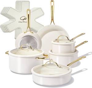 lot 111700 image: Retails for $160 Ceramic Cookware Sets, 15Pcs Pots and Pans Set Non Stick, Cookware Set with Stainless Steel Handle, Dishwasher & Oven Safe, Cream White and Light Gold Handle
