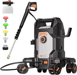lot 111703 image: Retails for $170 AIVOLT 4800PSI Electric Pressure Washer, Electric Power Washer  Anti-Tipping 4-Wheel Design, 4 Nozzles, Foam Cannon, Spray Gun, 36FT Cable & 25FT Hose for Cars, Driveways, Patios & Home