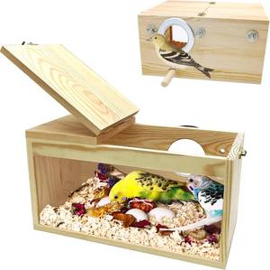 lot 111708 image: PINVNBY Large Natural Wood Parakeet Nesting Box Budgie Breeding Box Acrylic Bird Nest for Cage Transparent Panoramic for Birds, Parrots, Cockatiels, Lovebirds, Canaries (XL 13.3 x 7.8 x 7.08 inch)