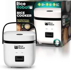 lot 111722 image: Rice Robot Personal Rice Cooker, PFAS-free, Nonstick. 1 Quart Capacity, with Stainless Steel Steamer Tray, Measuring Cups, Recipe Book with 60 Recipes, and Serving Spoon, As Seen On TV