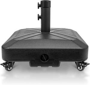 lot 111733 image: Patio Umbrella Base Heavy Duty with Wheels Square Market Stand for Outdoor 4 Locks 2 Knobs 125lb Capacity, Black