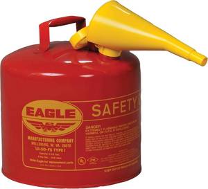 lot 111737 image: Eagle 5 Gallon Type I Red Safety Gas Can for Gasoline with Flame Arrester, Self-Closing Lid, and F-15 Funnel, Made in the USA, Galvanized Steel Flammable Storage Can, UI50FS
