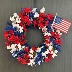 lot 211548 image: TOKCARE Patriotic Wreaths for Front Door, 24 inch American 4th of July Wreath Red White and Blue Berry Forsythia Handcrafted Memorial Day Summer Grapevine Wall Home Decor