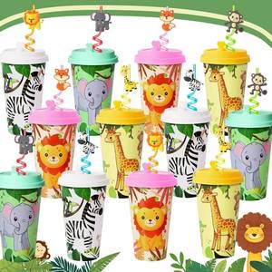 lot 211559 image: Lidmada 24 Sets Jungle Animal Party Favors Goodie Cups with Lids and Safari Animal Straws for Birthday Decorations, Plastic Cups Silly Straws for Party Bags Gift Pinata