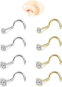 lot 211654 image: Nose Rings Studs 8Pcs 20G18G GoldSilver 316L Surgical Stainless Steel Nose Studs Hypoallergenic Corkscrew Nose Piercing Stud Jewelry for Women Men Clear Cubic Zirconia Imitation Diamond Top Size 1.5mm 2mm 2.5mm 3mm