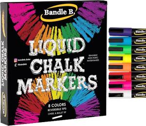 lot 211659 image: Bandle B. Chalk Markers - 8 Vibrant, Erasable, Non-Toxic, Water-Based, Reversible Tips. For Glass or Chalkboard Markers for Businesses, Restaurants, Liquid Drawing Chalk (Vibrant 6mm)