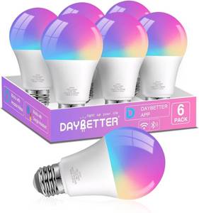 lot 211667 image: DAYBETTER Smart Light Bulbs,Compatible with Alexa & Google Home  A19 E26 Bulbs, 800LM 60W Equivalent,Dimmable RGBCCT Color Changing,2.4GHz WiFi & Bluetooth,Music Sync,Preset Scenes