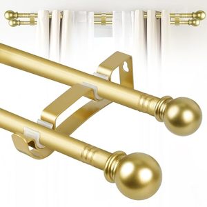 lot 311509 image: Double Curtain Rods for Windows Set 60 to 120 Inch,Gold Curtains Rod with 3PCS Drapey Pole Brackets,Small Extra Long 58 Diameter Blackout Cortineros Para Ventanas for Bedroom,Living Room