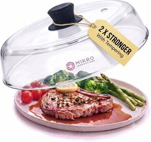 lot 311524 image: Mikro Innovations 10.5-Inch Glass Microwave Splatter Cover   Borosilicate Glass Food Plate Splatter Guard with Vent Hole, BPA-Free, Easy-Grip Silicone Knob, Dishwasher Safe (1, Black, 10.5in)