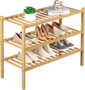 lot 311525 image: ROMGUAR CRAFT 3 Tier Bamboo Shoe Rack for Closet Free Standing Wood Shoe Shelf Storage Organizer for Entryway Small Space Stackable 27x11x20 (Natural)