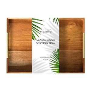 lot 311540 image: Acacia Wood Large Serving Tray with Golden Steel Handles 18 x 13 - for Coffee Table, Ottoman in Living Room, Breakfast in Bed, Jewelry, Decorative, BBQ, Charcuterie