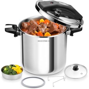 lot 311550 image: Retails for $110 KOCH SYSTEME CS Stainless Steel Pressure Cooker 8.5 Quart, 3-in-1 Olla de Presion, One-Hand Locking, 3 PSI Settings Stovetop Pressure Cookers, induction Pressure Cooker, Glass Lid & Steamer, 8.5QT