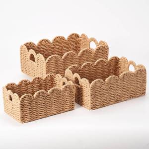 lot 171431 image: Scalloped Wicker Baskets Set of 3, Hand-Woven Storage with Handles  set of 3 tan scalloped baskets with handles. Hand-woven paper rope for shelves, bathroom or closet. Stackable, sturdy.