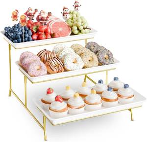 lot 271436 image: Bumusty 3-Tier Melamine Serving Tray Set, 14 x 7 in, Gold Stand  Melamine Reusable Platters with Metal Display Stand for Cupcakes, Desserts, Fruit, Cookies, Parties, Birthdays and Holidays